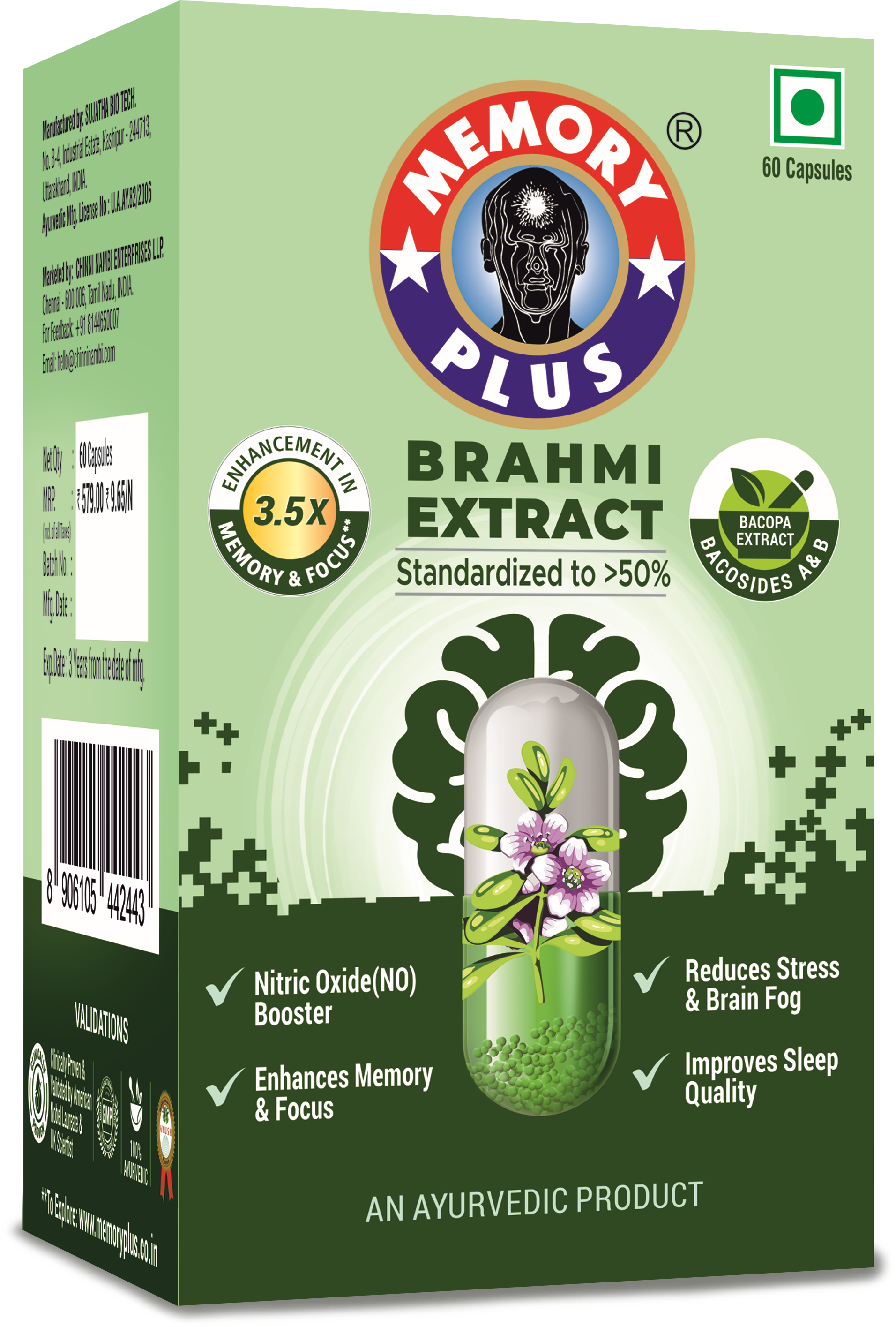 Memory Plus - Brahmi Extract (Bacopa Monnieri) Capsules - Bacosides - 60s